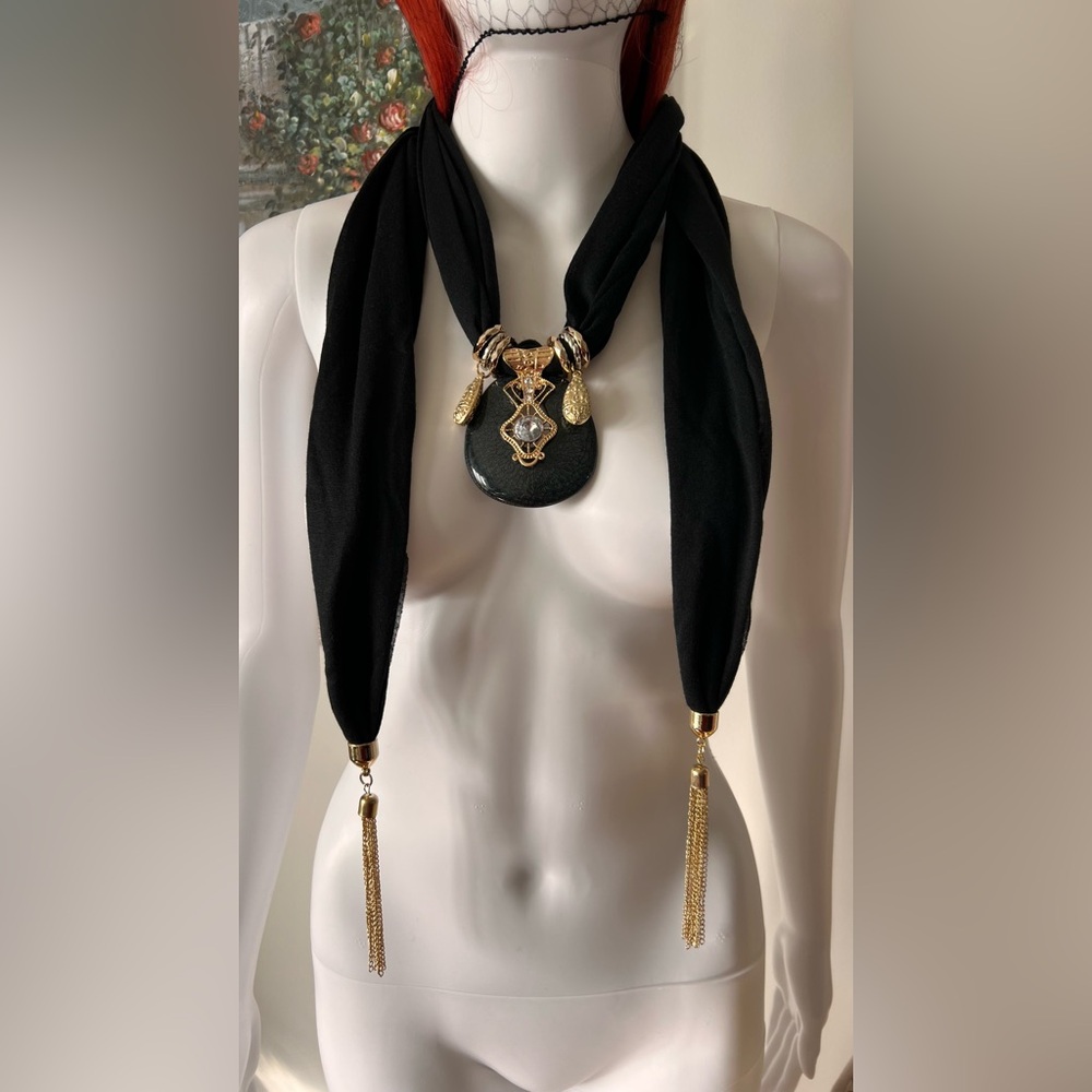 Black Scarf Necklace with Gold Accents